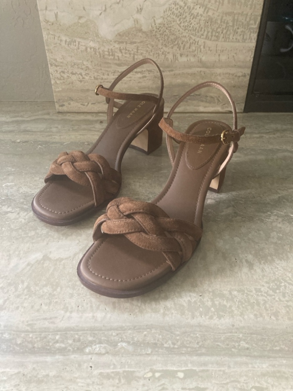 Women’s Cole Haan Brown Braided Suede Block Heel Sandals - Size 9